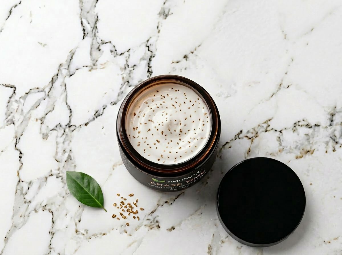 Open jar of Erase Time cream beside the HaloCel Eye Serum